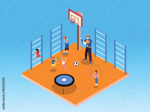 Children’s Gym with PE Coach, Trampoline, and Basketball Hoop 3d isometric vector illustration