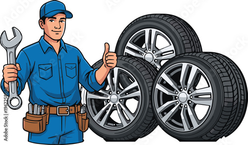 Professional car mechanic holding wrench and showing thumbs up with tires, automotive service and tire replacement concept, isolated vector illustration, white background.