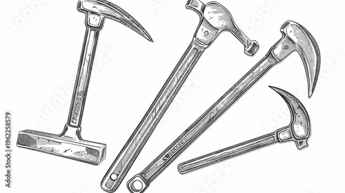 A grayscale illustration of different metal tools, like hammers, crowbars, and similar instruments