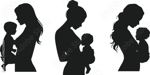 Mother and baby silhouettes set, nursing and breastfeeding concept, loving mom holding child, maternal care and motherhood vector illustrations, isolated on white.