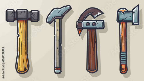 Four cartoon-styled tools including a hammer, claw hammer, crowbar-hammer hybrid, and an axe, with wooden handles