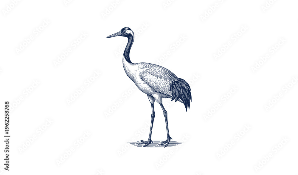 Fototapeta premium Elegant crane illustration with detailed feathers on white background
