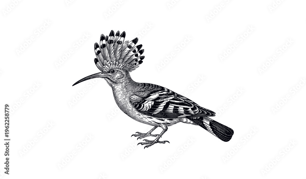 Obraz premium Detailed black and white illustration of hoopoe bird with intricate plumage