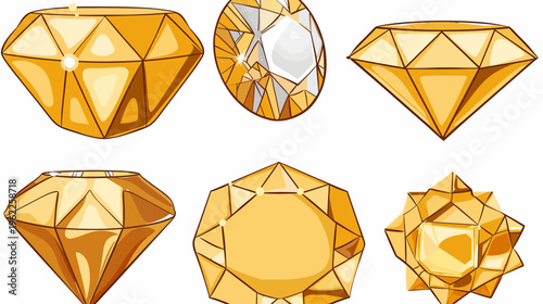 Six stylized gemstones of varying cut and shape, rendered in gold hues, isolated on a white backdrop