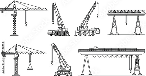 construction crane icons, tower crane set, mobile crane vector, lifting equipment illustration, industrial machinery, engineering tools, building site elements, line art collection