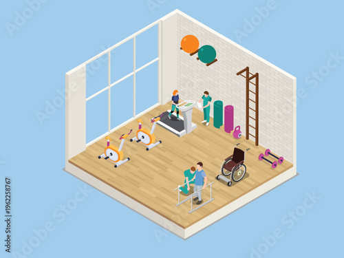 Physical Therapy Clinic Interior with Rehabilitation Equipment and Medical Staff 3d isometric vector illustration