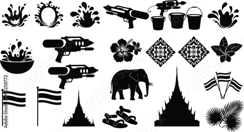 Silhouette icons isolated on transparent background including thai culture elements