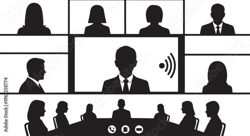 Remote meeting, video conference, business team, silhouette icons, black and white