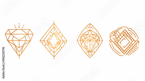 Collection of four gold outline diamond-shaped illustrations, modern, geometric, abstract on white
