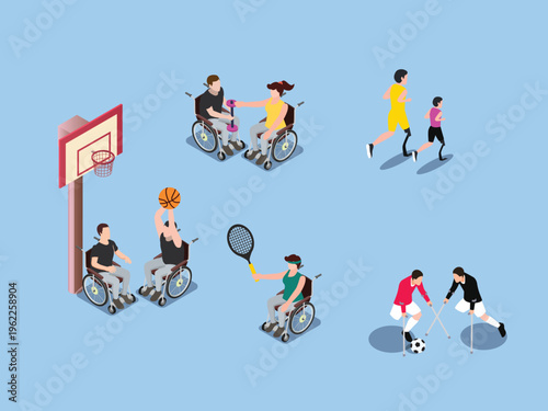 People with Disabilities Participating in Adaptive Sports and Fitness Activities 3d isometric vector illustration