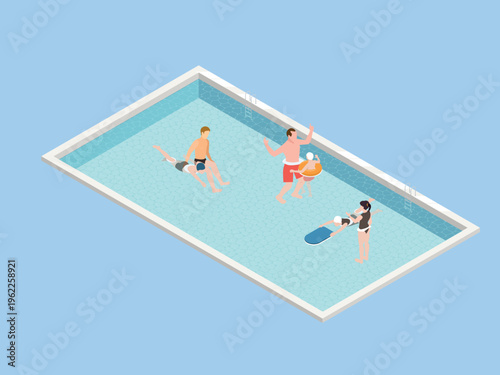 Swimming Pool Lessons and Hydrotherapy for Kids and Adults 3d isometric vector illustration