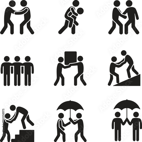 Helping hands and teamwork stick man icons set with cooperation support charity and partnership symbols vector illustration isolated on white background silhouette