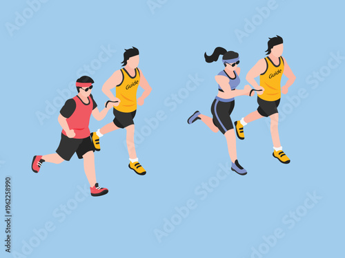 Visually Impaired Athletes Running with Sighted Guides Using Tether Straps 3d isometric vector illustration