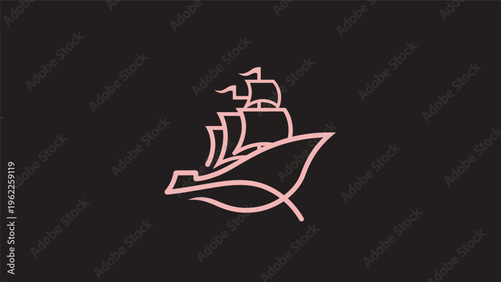 Fototapeta premium Pink sailing ship outline on black background