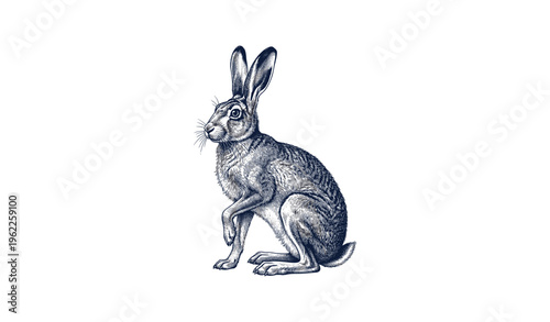 Detailed engraving of a sitting hare on a white background
