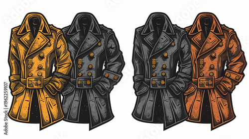 Four stylized overcoats, varying in color, with details like buttons and belts