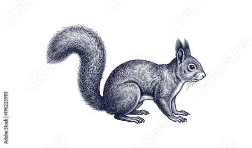 Detailed illustration of a squirrel in profile view with intricate fur patterns