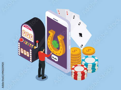 Mobile Online Gambling with Smartphone, Slot Machine, Poker Cards, and Lucky Horseshoe 3d isometric vector illustration
