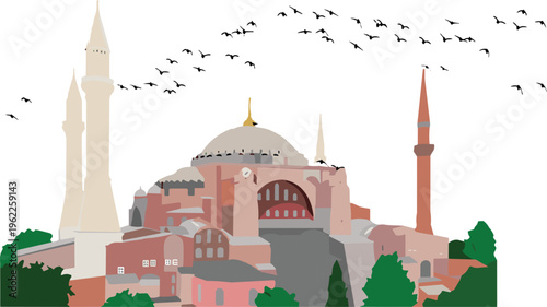 Hagia Sophia Istanbul Turkey vector illustration with minarets and birds flying isolated on white background for travel tourism historical landmark design elements
