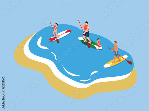 People Stand Up Paddleboarding on Tropical Beach with Ocean Waves and Sand 3d isometric vector illustration