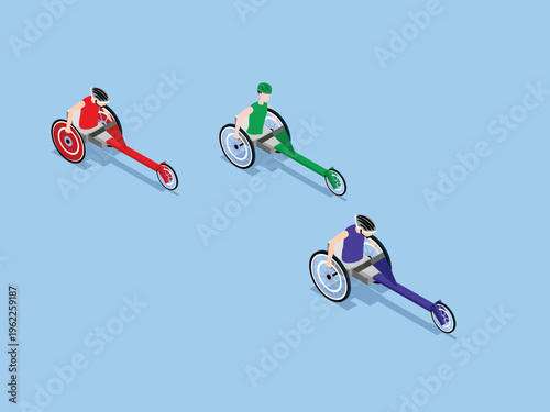 Wheelchair Racing  with Athletes in Professional Racing Wheelchairs 3d isometric vector illustration