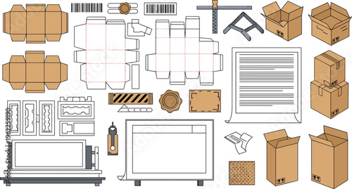 Cardboard packaging dieline template set with boxes labels barcodes shipping elements and mockups for product packaging design vector illustration