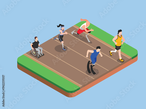 Adaptive Athletes with Prosthetic Limbs and Wheelchair Racing on Track 3d isometric vector illustration