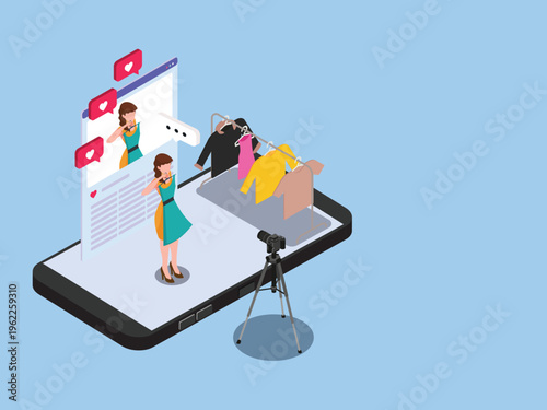 Fashion Influencer Live Streaming and Recording Clothing Haul 3d isometric vector illustration
