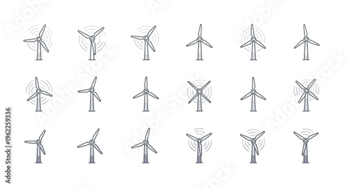 Illustration depicting various designs of wind turbines representing renewable energy sources