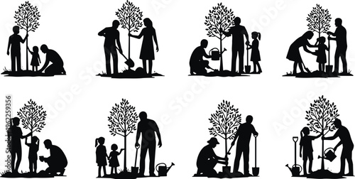Family planting trees silhouette set, people gardening together, parents and children reforestation concept, eco friendly community environment volunteering illustrations, isolated on white.