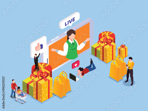 Live Streaming Shopping with Influencer and Gift Boxes Promotion 3d isometric vector illustration