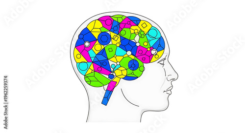 A colorful vector illustration of a human head with a vibrant brain full of geometric shapes