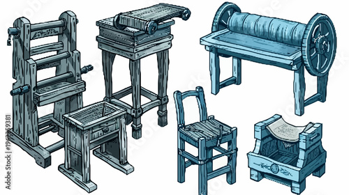 Digitally rendered illustration of various medieval tools, furniture, and structures