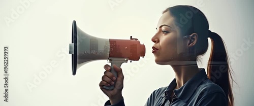 Young woman passionately speaking into a megaphone with a dynamic cityscape overlay, cinematic style, as the camera slowly pans, capturing empowerment, communication, and urban innovation.
