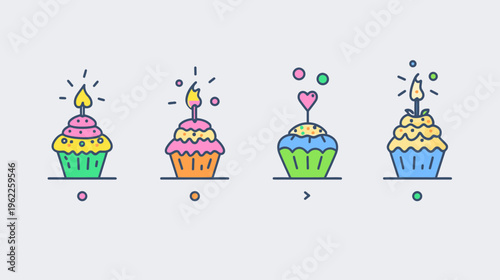Four stylized cupcakes with colorful frosting and candles, a joyful graphic illustration