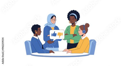 Diverse Female Team Evaluating Feedback & Opinions: Thumbs Up, Thumbs Down Concept