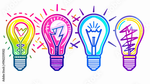 Four colorful lightbulb illustrations, representing different ideas and concepts