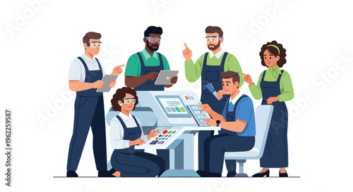 Collaborating Diverse Industrial Team Operating Modern Factory Control Panel with Digital Technology