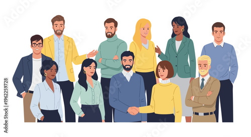 Diverse Business Professionals Team Collaborating, Networking & Partnering - Flat Vector Illustration