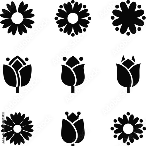Nine black silhouette of flowers and tulips on a white background flower tulip floral silhouette black and white