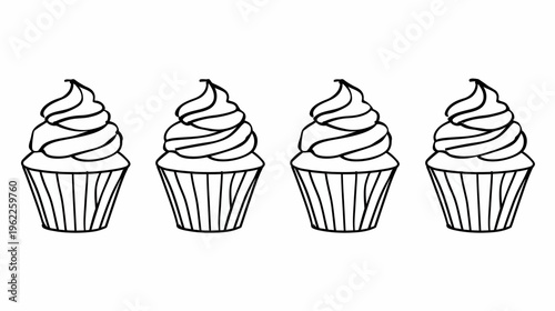 A row of four desserts featuring frosted swirls atop baked containers. Outlined art style