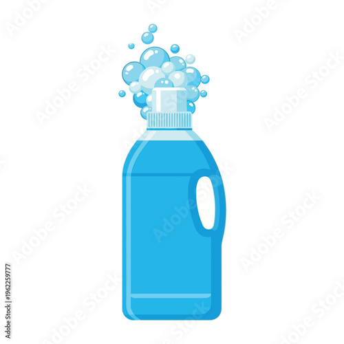 Blue Liquid Laundry Detergent Bottle with Soap Bubbles Illustration