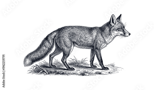 Intricate black and white illustration of a standing fox in natural habitat