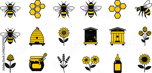 Bee silhouette icons on honeycomb and flowers isolated on transparent background