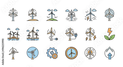 Aesthetic illustrations of wind turbines showcasing renewable energy sources and environmental