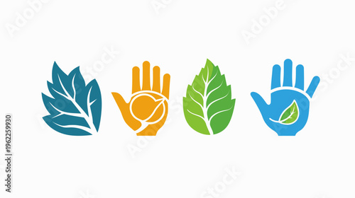 Graphic with leaves and hands symbolizing nature and environmental concepts, in vibrant colors