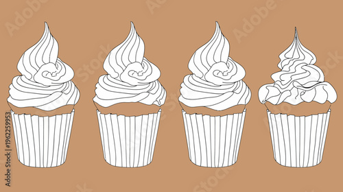 Four stylized cupcakes with varying detailed frosting, in outline against a neutral brown backdrop