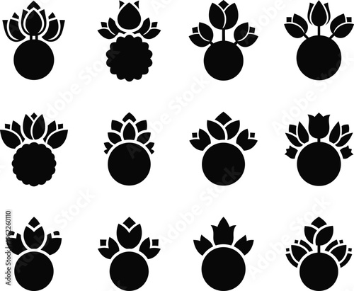 Twelve black stylized floral on white background symbol flower bloom petal