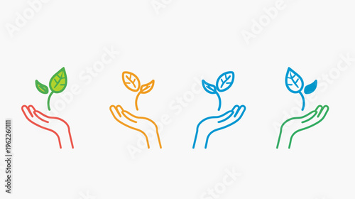 Colorful illustrations of hands cradling plants, representing growth, nature, and environmental consciousness