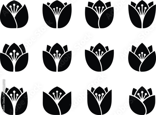 Twelve black tulip arranged in a 3x4 grid on a white background tulip flower floral black and white simple